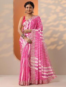 Libas - Pink Leheriya Gota Work Saree with Unstitched Blouse