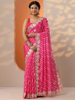 Libas - Pink Leheriya Gota Work Saree with Unstitched Blouse