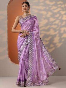 Libas - Lavender Bandhani Printed Gota Work Saree with Unstitched Blouse