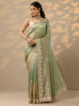 Libas - Green Zari Embroidered Saree with Unstitched Blouse