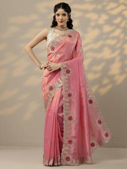 Libas - Peach Gota Work Saree with Unstitched Blouse
