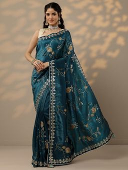 Libas - Blue Thread Embroidery Saree with Unstitched Blouse