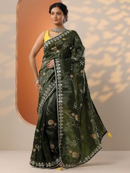 Libas - Green Thread Embroidered Saree with Unstitched Blouse