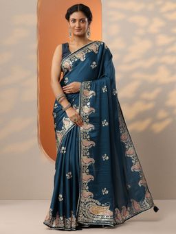 Libas - Teal Zari Embroidered Saree with Unstitched Blouse