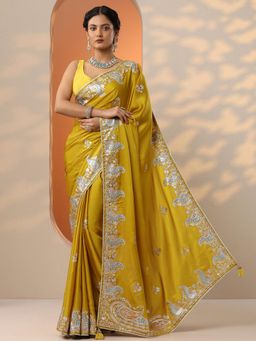 Libas - Yellow Zari Embroidered Saree with Unstitched Blouse