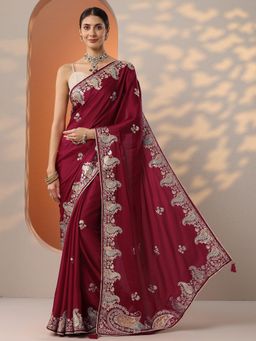 Libas - Maroon Zari Embroidered Saree with Unstitched Blouse