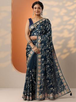 Libas - Blue Zari Embroidered Saree with Unstitched Blouse