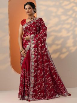 Libas - Red Zari Embroidered Saree with Unstitched Blouse
