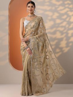Libas - Beige Zari Embroidered Saree with Unstitched Blouse
