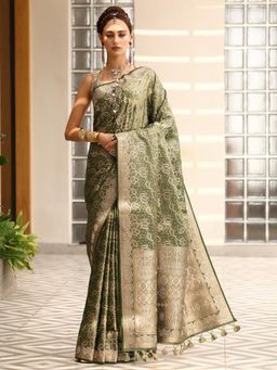 Libas - Green Woven Design Handloom Saree with Unstitched Blouse
