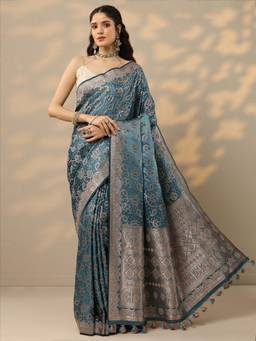 Libas - Blue Woven Design Embellished Saree with Unstitched Blouse