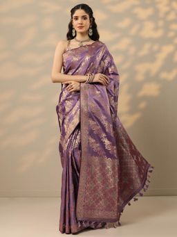 Libas - Purple Woven Design Handloom Saree with Unstitched Blouse