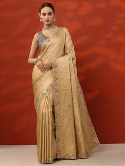 Libas - Beige Woven Design Embellished Saree with Unstitched Blouse