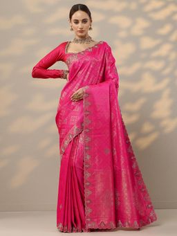 Libas - Pink Woven Design Embellished Saree with Unstitched Blouse