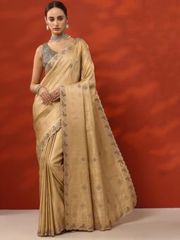 Libas - Beige Woven Design Embellished Saree with Unstitched Blouse