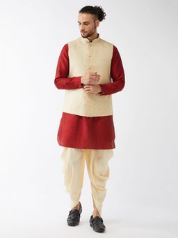 Vastramay - Men's Maroon, Cream And Gold Silk Blend Jacket, Kurta And Dhoti Set (Set of 3)