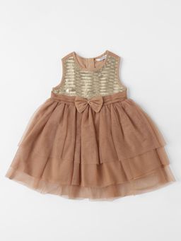 Nautinati - Girls Mesh Sequins Party Wear Dress with Bow At Waistline