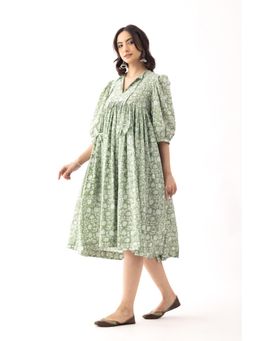 VASTRITO - Pista Green Sanganeri Organic Cotton Dress