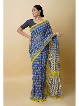 Unnati Silks - Blue Pure Bagru Printed Kota Cotton Saree With Unstitched Blouse