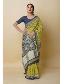 Unnati Silks - Yellow Pure Bagru Printed Kota Cotton Saree With Unstitched Blouse