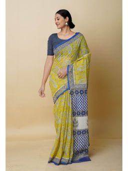 Unnati Silks - Yellow Pure Bagru Printed Kota Cotton Saree With Unstitched Blouse
