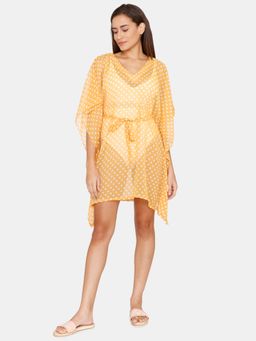 Zivame - Coucou Knee Length Slip on Printed Poncho with waist tie up - Spicy Musturd