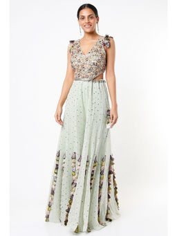 Payal Singhal - Mint Georgette Embroidered Choli with Dot Mukaish Georgette Sharara (Set of 2)