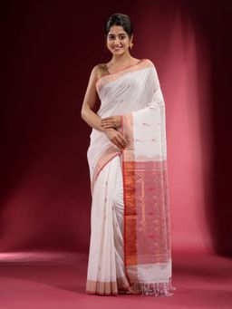 CHARUKRITI - White with Ethnic Motif and Zari Design Saree with Unstitched Blouse
