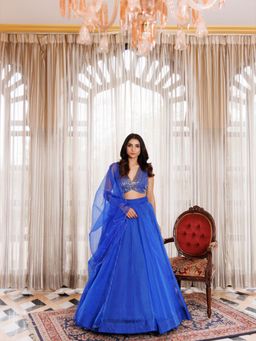 Ragavi - Dazzle Blue Organza Choli with Lehenga & Dupatta (Set of 3)