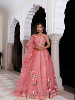 Ragavi - Peach Eleganca Handpainted Floral Organza Choli with Lehenga & Dupatta (Set of 3)