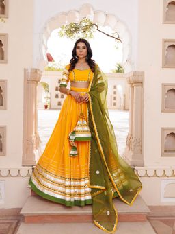Ragavi - Yellow & Green Cotton Choli with Lehenga & Dupatta (Set of 3)
