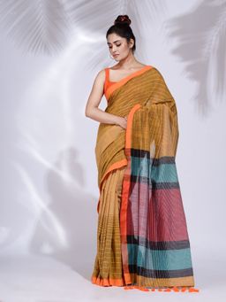 CHARUKRITI - Mustard Pure Cotton Handwoven Saree with Stripe Design with Unstitched Blouse