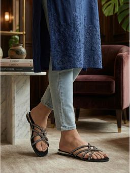 SHOE BEE - Women Black Embellished Strap Flats