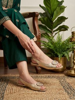 SHOE BEE - Women Gold Peep Toe Block Heels
