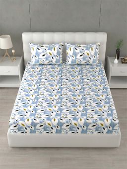 Home Affairs - 144 TC Super King Cotton Blue Bedsheet With 2 Pillow Covers