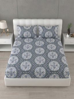 Home Affairs - 144 TC Super King Cotton Blue Bedsheet With 2 Pillow Covers