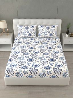 Home Affairs - 144 TC Super King Cotton Blue Bedsheet With 2 Pillow Covers