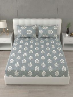 Home Affairs - 144 TC Super King Cotton Blue Bedsheet With 2 Pillow Covers