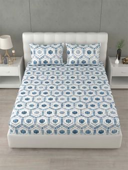 Home Affairs - 144 TC Super King Cotton Blue Bedsheet With 2 Pillow Covers