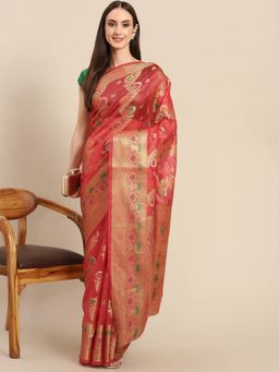 Odette - Pink Woven Organza Saree with Unstitched Blouse