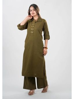 Sugnaa - Green Women Solid Shirt Collar Straight Kurta