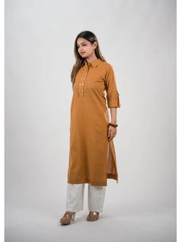 Sugnaa - Women Brown Solid Shirt Collar Straight Kurta