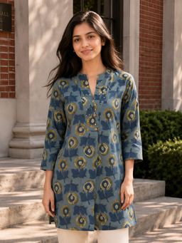 KAFTANIZE - Blue Floral Printed Short Kurti