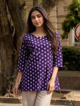 KAFTANIZE - Womens Purple Floral Printed Short Kurti