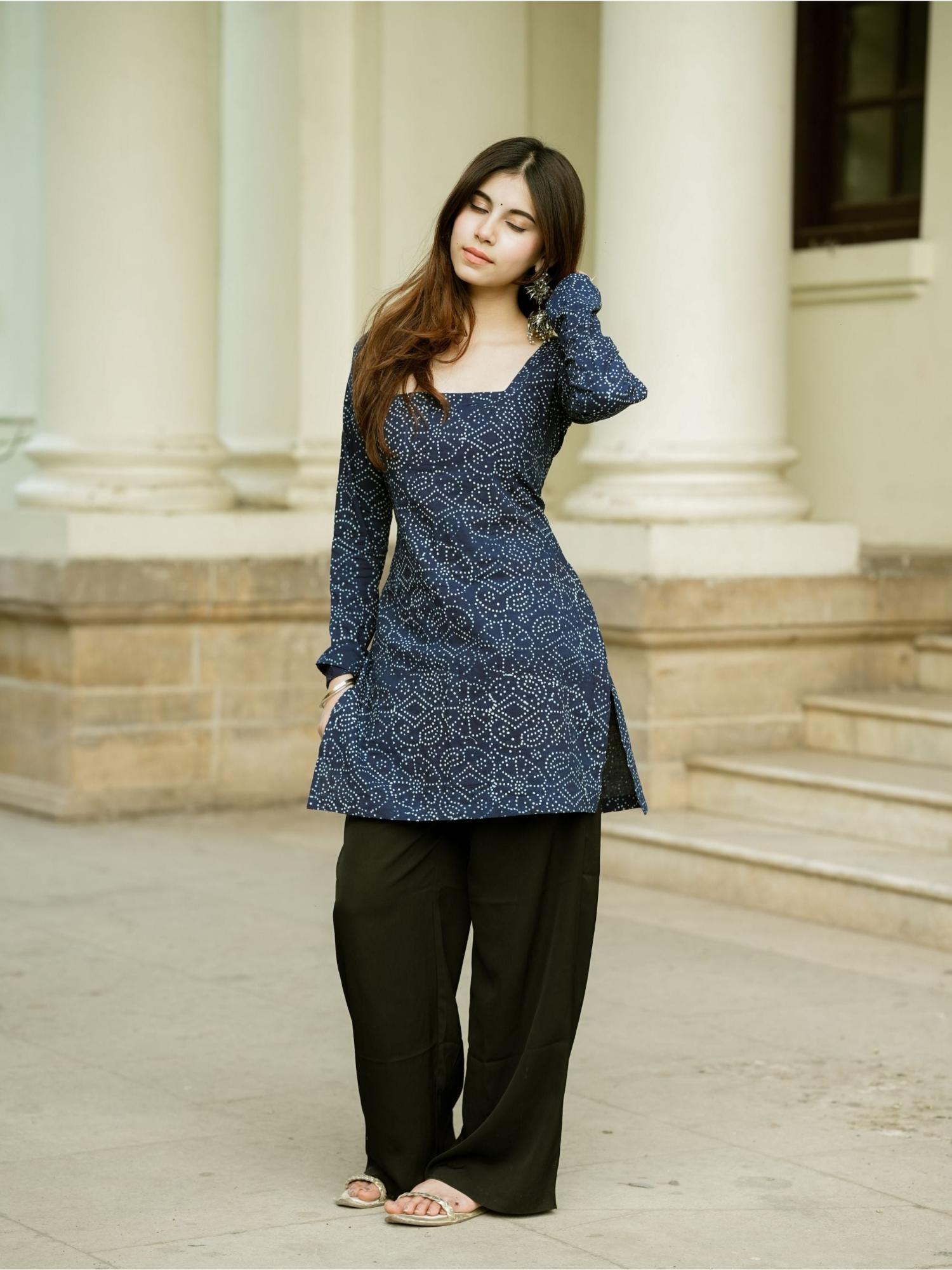 Amaya Blue Bandhani Print Round Neck Full Sleeve Cotton Short Kurti-image-7