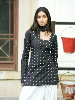 KRUTICO - Bebo Black Polka Dot Square Neck Full Sleeve Cotton Short Kurti with Scarf