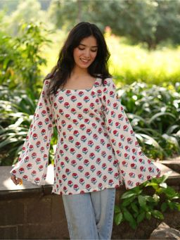 KRUTICO - Blush Bloom Off White Floral Square Neck Bell Sleeve Cotton Short Kurti