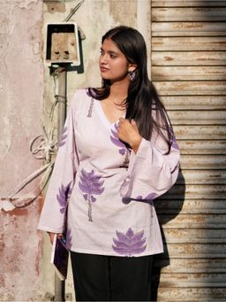 KRUTICO - Purple Bloom V-Neck Bell Sleeve Striped Cotton Short Kurti for Women