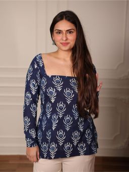 KRUTICO - Morni Indigo Square Neck Full Sleeve Printed Cotton Short Kurti