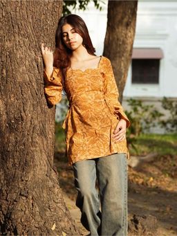 KRUTICO - Mayra Mustard Sweetheart Neck Bell Sleeve Printed Cotton Short Kurti